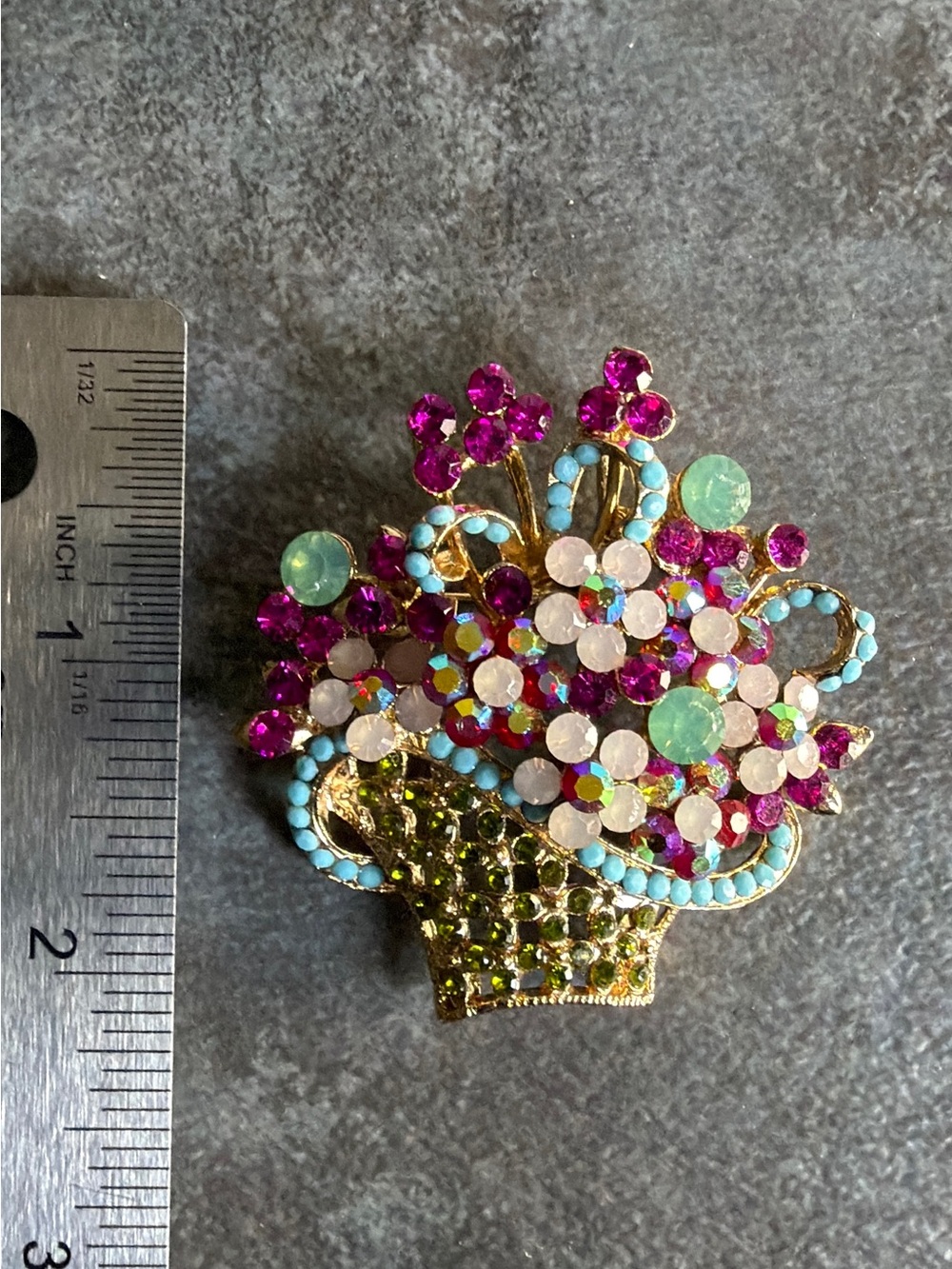 Vintage Style Crystal Spring Summer Flower Basket Gold Brooch Pin Pink Blue Red - Picture 4 of 4
